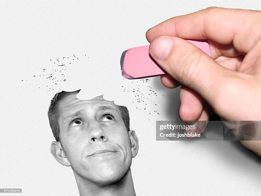 A drawing of a thinking man being rubbed out by a hand