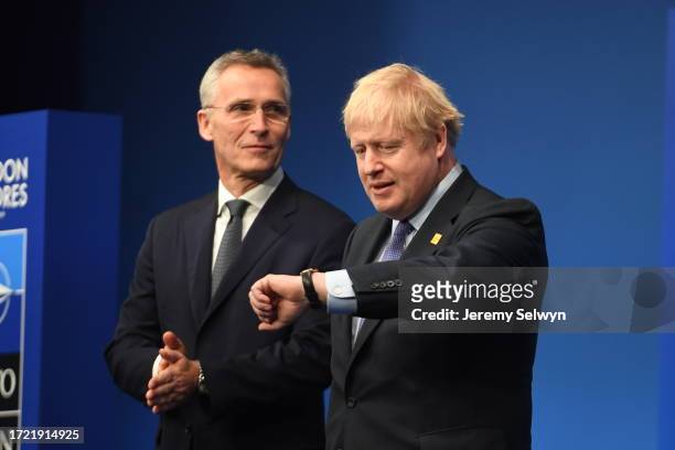 Secretary General Of Nato Jens Stoltenberg And Prime Minister Boris Johnson During The Annual Nato Heads Of Government Summit At The Grove Hotel In...
