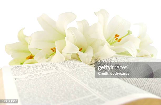 bible with easter lilies (kjv) - easter religious stock pictures, royalty-free photos & images