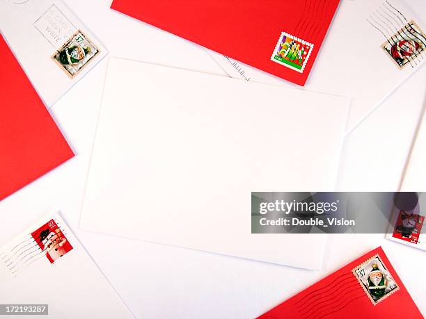 red and white christmas mail border around a blank envelope - christmas border stock pictures, royalty-free photos & images