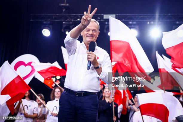 Donald Tusk, the leader of Civic Platform opposition alliance, attends election convention in Katowice, Poland on October 12, 2023. This year's...