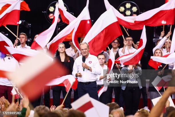 Donald Tusk, the leader of Civic Platform opposition alliance, speaks during election convention in Katowice, Poland on October 12, 2023. This year's...