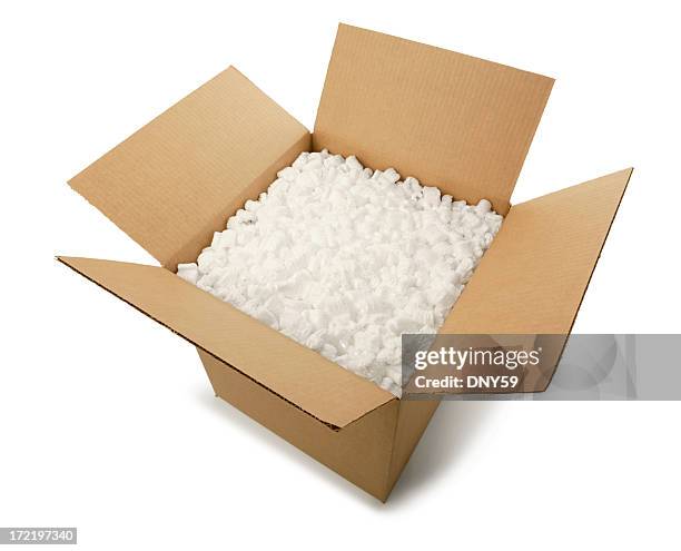 cardboard box with peanuts - packing peanuts stock pictures, royalty-free photos & images