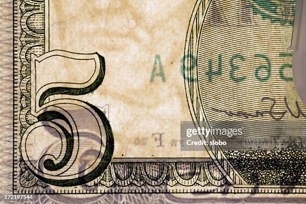 us five dollar bill backlit detail - five dollar bill stock pictures, royalty-free photos & images