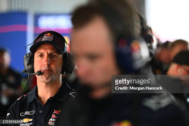 Jamie Whincup, Triple Eight Race Engineering Team Principal and co driver of the Triple Eight Race Engineering Chevrolet Camaro watches on during the...