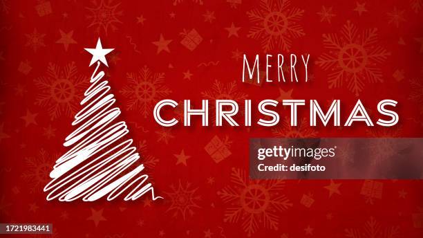 horizontal dark maroon red colored xmas wallpaper with texture and small objects like present or gift box, snowflakes as watermark all over pattern and one christmas tree with text merry christmas - tree shadow white stock illustrations