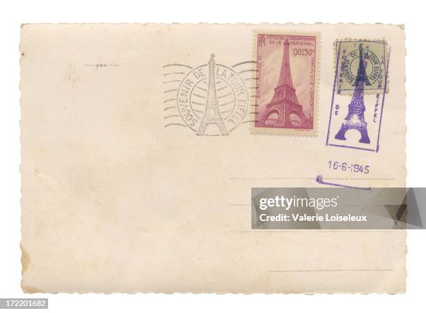 postal con torre eiffel, estampillas - tarjeta-postal fotografías e imágenes de stock