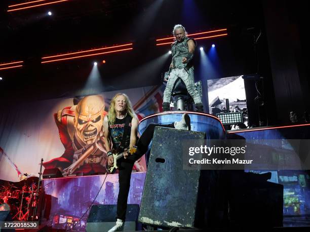 Janick Gers and Bruce Dickinson of Iron Maiden perform onstage during the Power Trip music festival at Empire Polo Club on October 06, 2023 in Indio,...