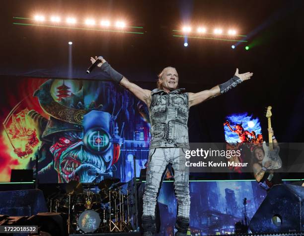 Bruce Dickinson and Steve Harris of Iron Maiden perform onstage during the Power Trip music festival at Empire Polo Club on October 06, 2023 in...