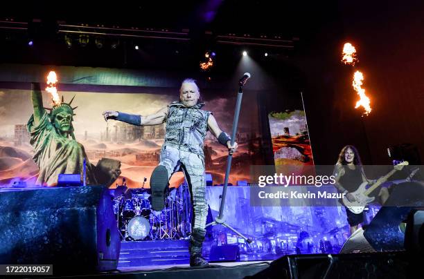 Bruce Dickinson and Steve Harris of Iron Maiden perform onstage during the Power Trip music festival at Empire Polo Club on October 06, 2023 in...