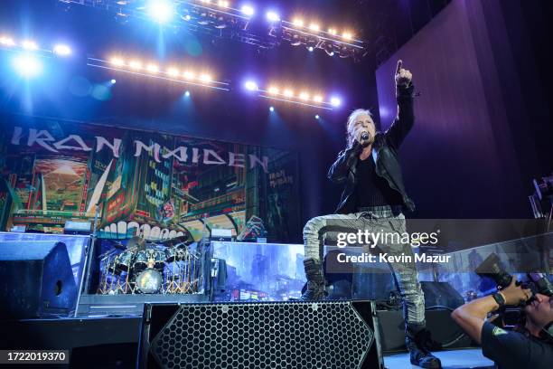 Bruce Dickinson of Iron Maiden performs onstage during the Power Trip music festival at Empire Polo Club on October 06, 2023 in Indio, California.