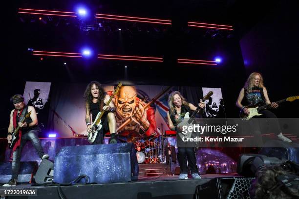 Adrian Smith, Steve Harris, Dave Murray, and Janick Gers of Iron Maiden perform onstage during the Power Trip music festival at Empire Polo Club on...
