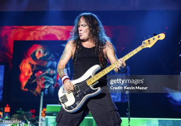 Steve Harris of Iron Maiden performs onstage during the Power Trip music festival at Empire Polo Club on October 06, 2023 in Indio, California.