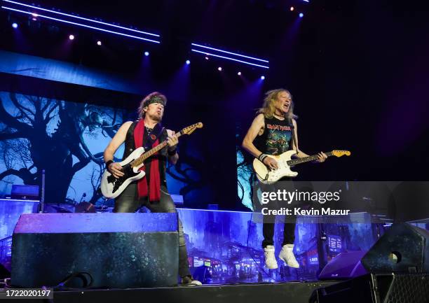 Adrian Smith and Janick Gers of Iron Maiden perform onstage during the Power Trip music festival at Empire Polo Club on October 06, 2023 in Indio,...