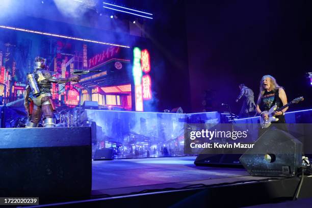 Janick Gers of Iron Maiden (R performs onstage during the Power Trip music festival at Empire Polo Club on October 06, 2023 in Indio, California.