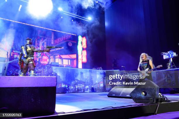 Janick Gers of Iron Maiden performs onstage during the Power Trip music festival at Empire Polo Club on October 06, 2023 in Indio, California.
