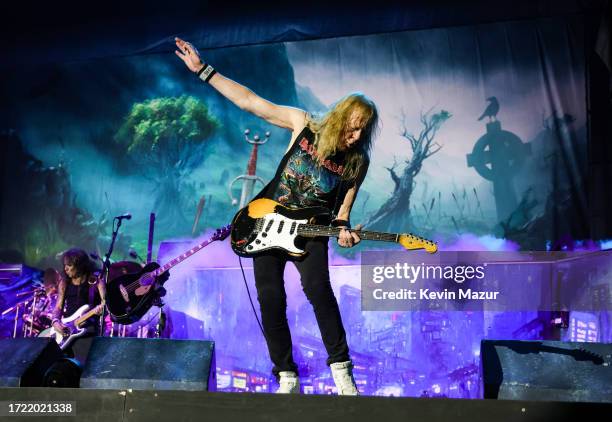 Steve Harris and Janick Gers of Iron Maiden perform onstage during the Power Trip music festival at Empire Polo Club on October 06, 2023 in Indio,...