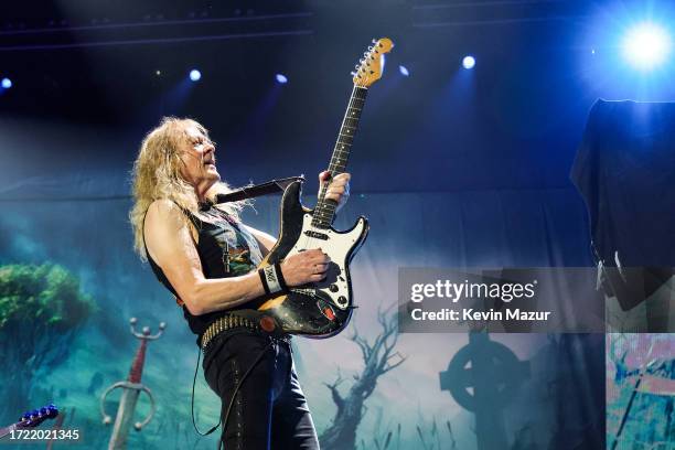 Janick Gers of Iron Maiden performs onstage during the Power Trip music festival at Empire Polo Club on October 06, 2023 in Indio, California.