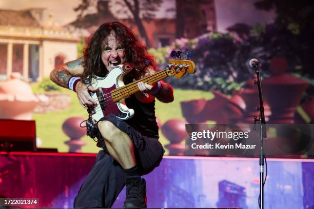 Steve Harris of Iron Maiden perform onstage during the Power Trip music festival at Empire Polo Club on October 06, 2023 in Indio, California.