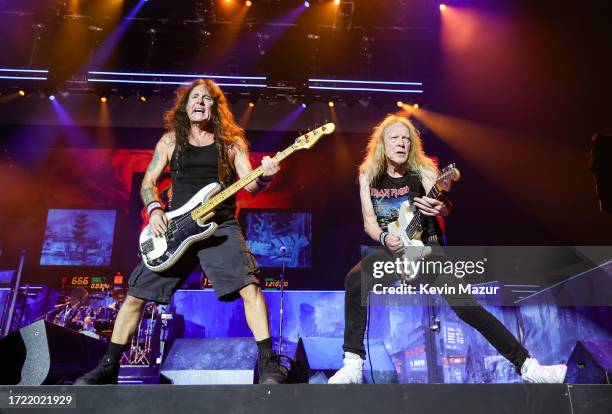 Steve Harris and Janick Gers of Iron Maiden perform onstage during the Power Trip music festival at Empire Polo Club on October 06, 2023 in Indio,...