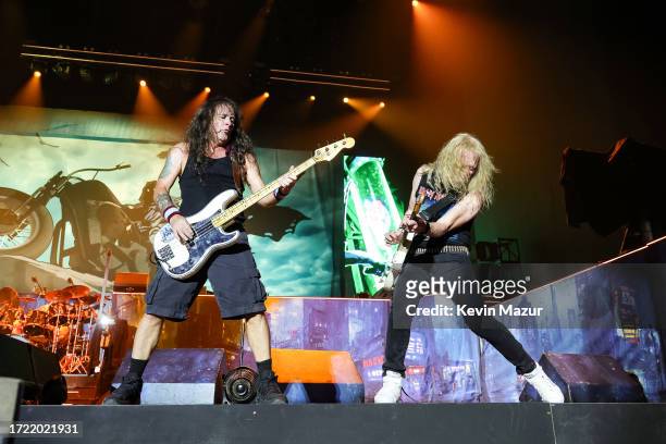 Steve Harris and Janick Gers of Iron Maiden perform onstage during the Power Trip music festival at Empire Polo Club on October 06, 2023 in Indio,...
