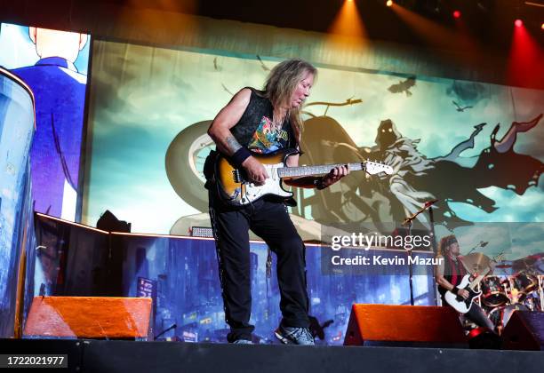 Dave Murray of Iron Maiden performs onstage during the Power Trip music festival at Empire Polo Club on October 06, 2023 in Indio, California.