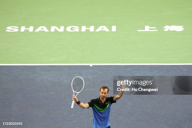 Daniil Medvedev of Russia greets after his match against Cristian Garin of Chile on Day 6 of 2023 Shanghai Rolex Masters at Qi Zhong Tennis Centre on...