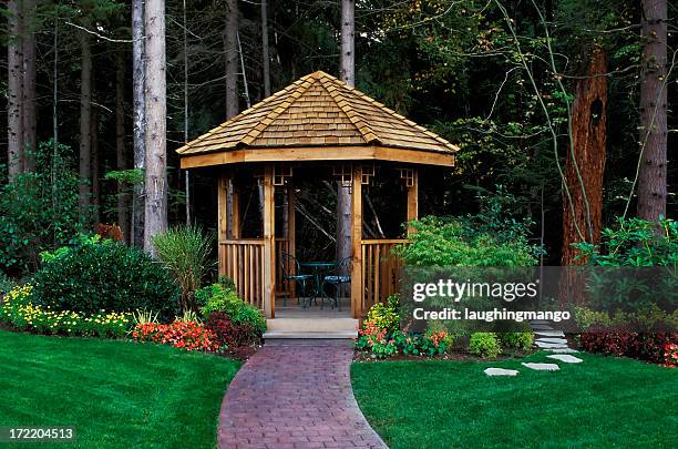 cedar wood gazebo back yard garden - cabana stock pictures, royalty-free photos & images