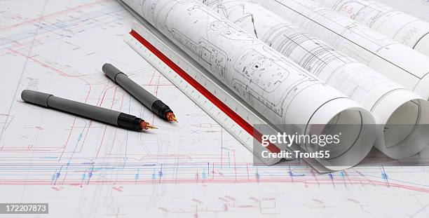 plans and maps on the table - special preview of design project stockfoto's en -beelden