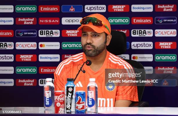 Rohit Sharma, Captain of India pictured during a Press Conference ahead of the ICC Men's Cricket World Cup India 2023 India & Australia Net Sessions...
