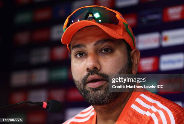 Rohit Sharma, Captain of India pictured during a Press Conference ahead of the ICC Men's Cricket World Cup India 2023 India & Australia Net Sessions...