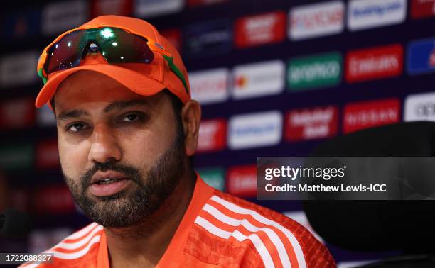 Rohit Sharma, Captain of India pictured during a Press Conference ahead of the ICC Men's Cricket World Cup India 2023 India & Australia Net Sessions...