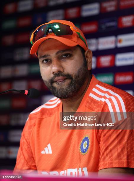 Rohit Sharma, Captain of India pictured during a Press Conference ahead of the ICC Men's Cricket World Cup India 2023 India & Australia Net Sessions...