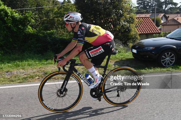 Remco Evenepoel of Belgium and Team Soudal - Quick Step competes during the 117th Il Lombardia 2023 a 238km one day race from Como to Bergamo /...