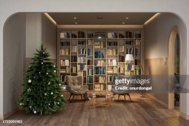 wohnzimmer-interieur bei nacht mit weihnachtsbaum, bücherregal, sesseln und couchtisch - büro bäume nacht stock-fotos und bilder