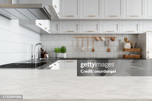 Empty White Marble Countertop With Blurred Kitchen Background Empty White Marble Countertop With Blurred Kitchen Background