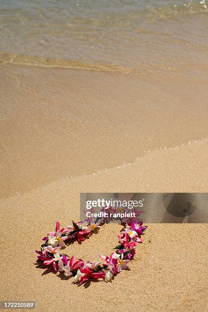 authentic hawaiian lei on the beach - hawaiian lei stockfoto's en -beelden