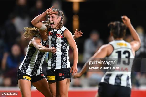 Mikala Cann of the Magpies celebrates kicking a goal during the round six AFLW match between Brisbane Lions and Collingwood Magpies at Brighton Homes...
