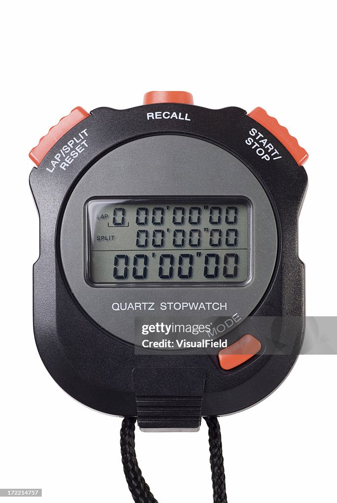 Black and orange digital stopwatch isolated on white