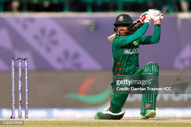 Mehidy Hasan Miraz of Bangladesh bats during the ICC Men's Cricket World Cup India 2023 between Bangladesh and Afghanistan at HPCA Stadium on October...