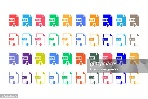 computer-dateiformat-set vektordesign. pdf, txt, png, jpg, gif, zip, eps, psd, doc, rar, avi, mov, mp3, mp4, xls, ppt, css, php, html und csv-datei setzen vektordesign auf weißem hintergrund. - pdf icon stock-grafiken, -clipart, -cartoons und -symbole