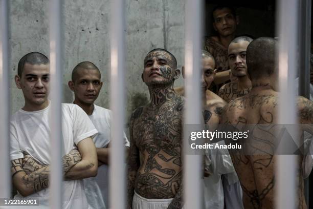 Gang members of the 'Mara Salvatrucha' and 'Barrio 18' are seen in a cell at the Terrorism Confinement Center , of the municipality of Tecoluca, in...