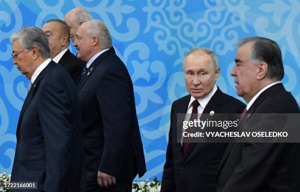 Kazakhstan's President Kassym-Jomart Tokayev, Azerbaijani President Ilham Aliyev, Belarusian President Alexander Lukashenko, Russian President...