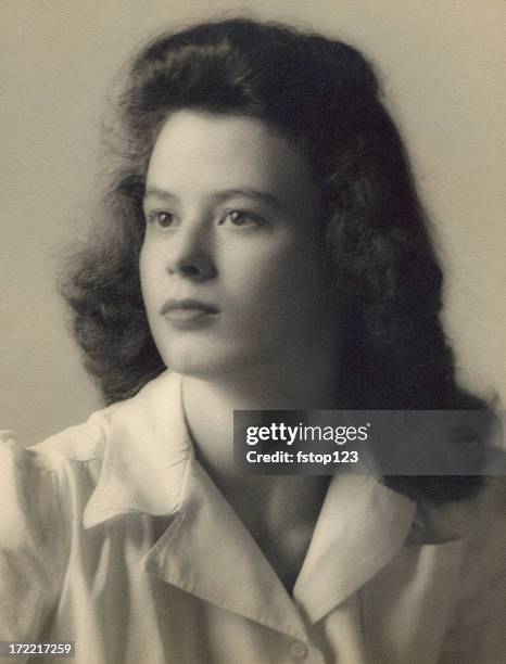 1940s portrait of a beautiful young woman - sepia toned stock pictures, royalty-free photos & images