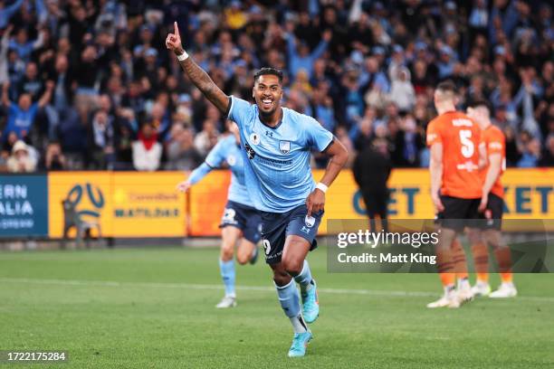 Fabio Gomes of Sydney FC celebrates scoring a goal during the 2023 Australia Cup Final match between Sydney FC and Brisbane Roar FC at Allianz...