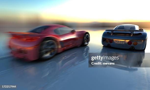 two cars shown from behind in sunset - drag race stock pictures, royalty-free photos & images