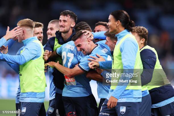Robert Mak of Sydney FC celebrates with team mates after scoring a goal during the 2023 Australia Cup Final match between Sydney FC and Brisbane Roar...