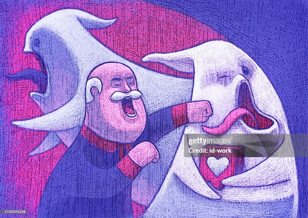 Senior man punching ghost