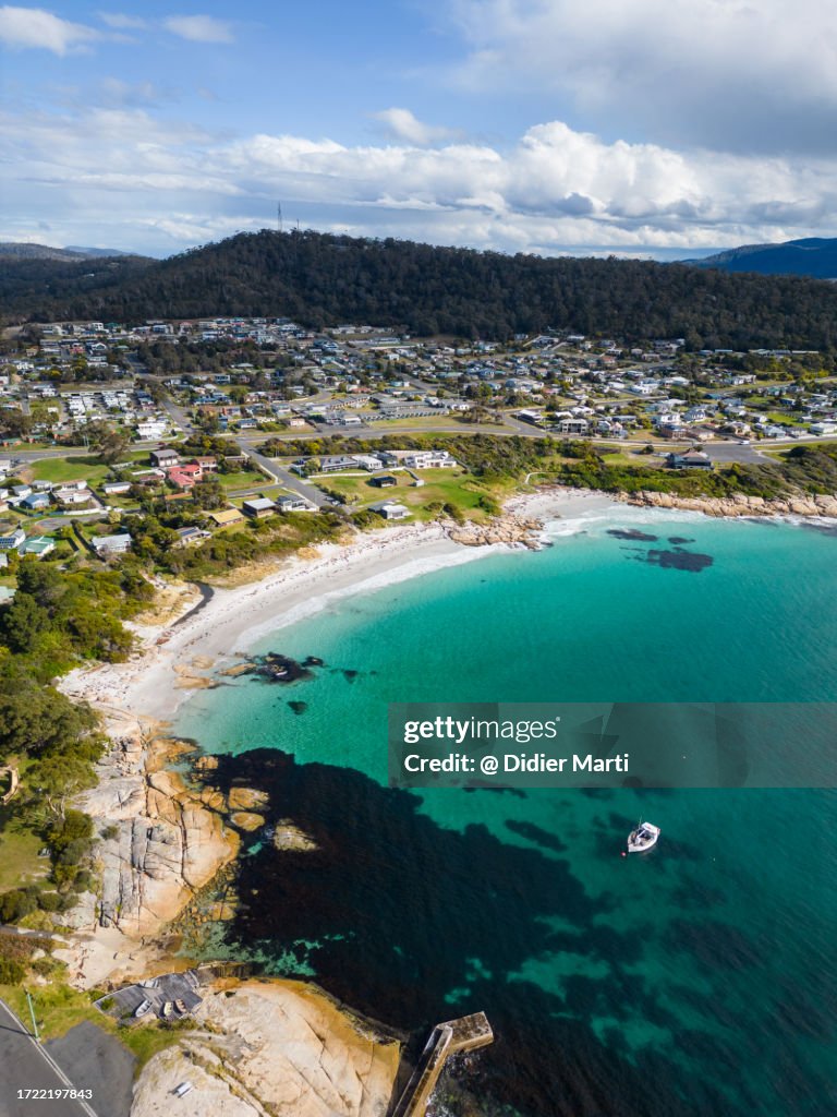 Aerial view of Bicheno beach in Tasmania