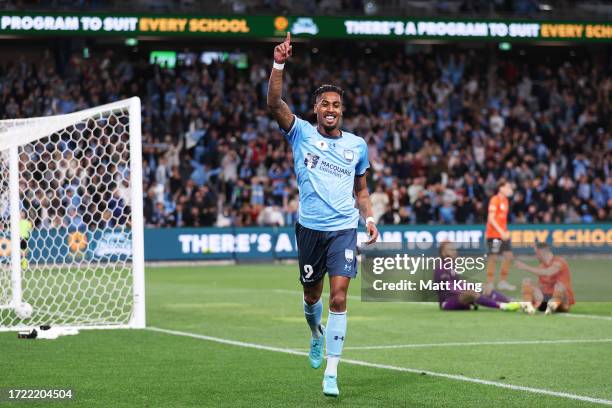 Fabio Gomes of Sydney FC celebrates scoring his second goal during the 2023 Australia Cup Final match between Sydney FC and Brisbane Roar FC at...